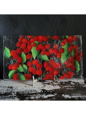 Vintage William McGrath Cherries Jubilee Fused Art Glass Tray Dish Plate Signed